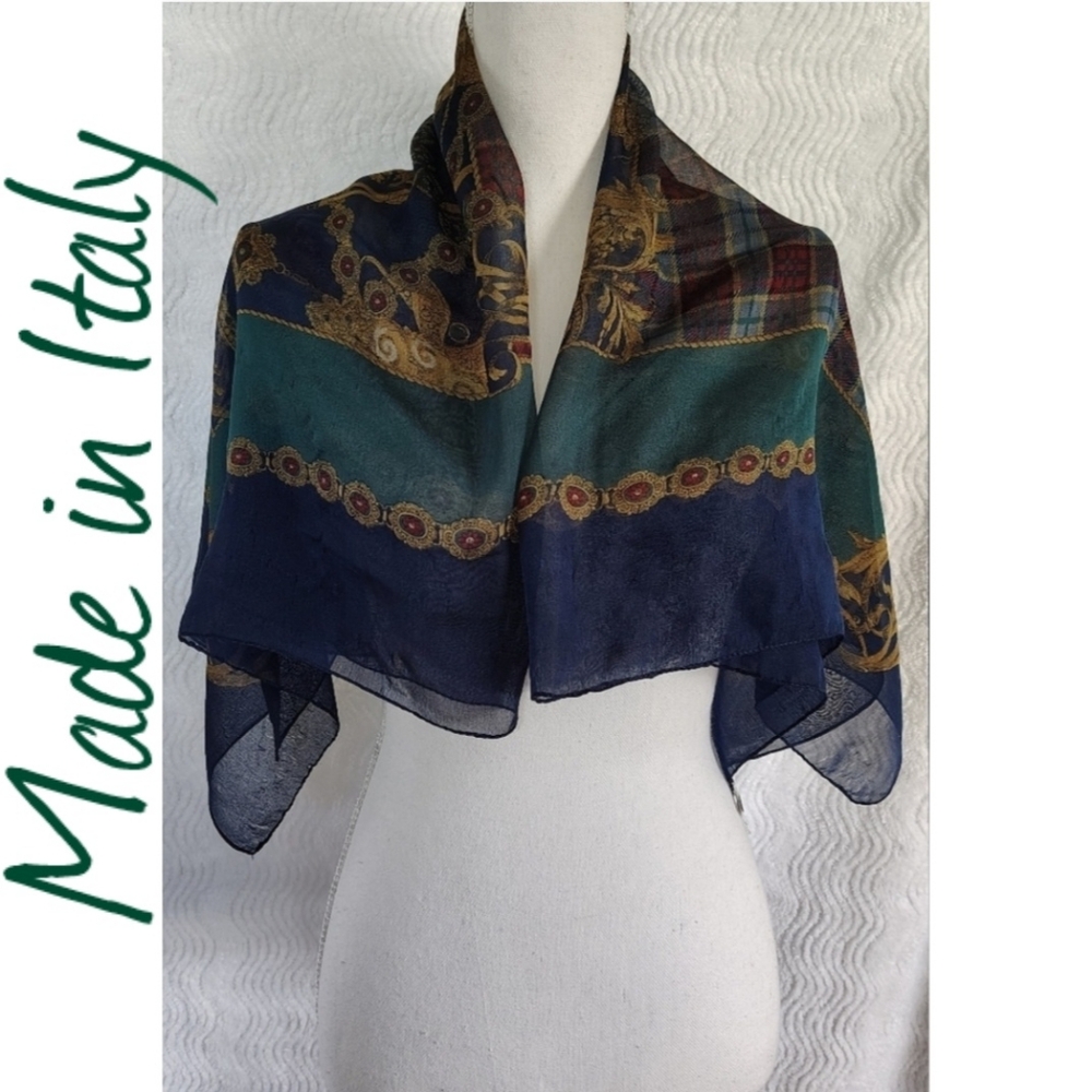 Compagnie Internationale Express Equestrian Plaid Gold Filigree Scarf Old Money - Picture 1 of 17